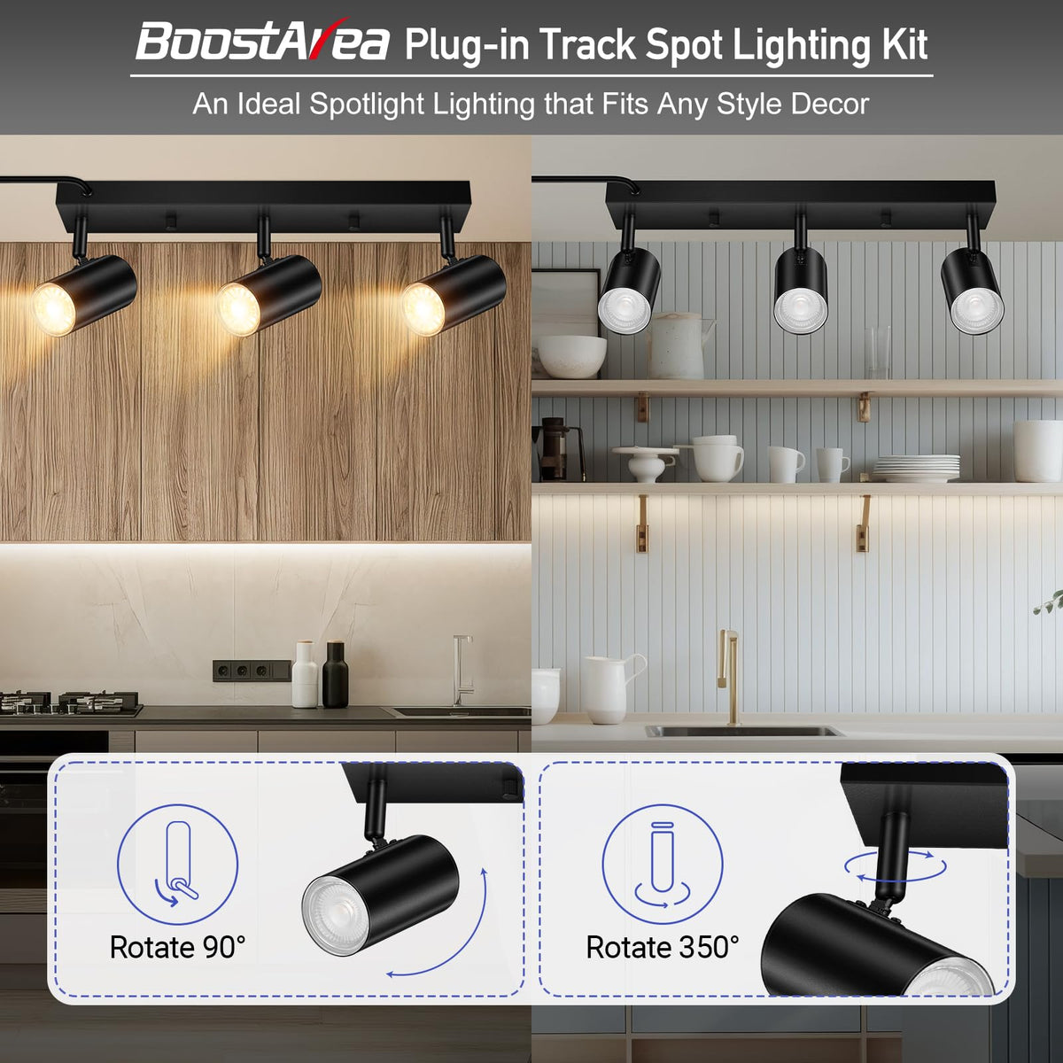 LED Track Lighting Ceiling Fixtures, Black 3-Light Plug in Track Lights, 3 Way Ceiling Spotlight, 15 FT