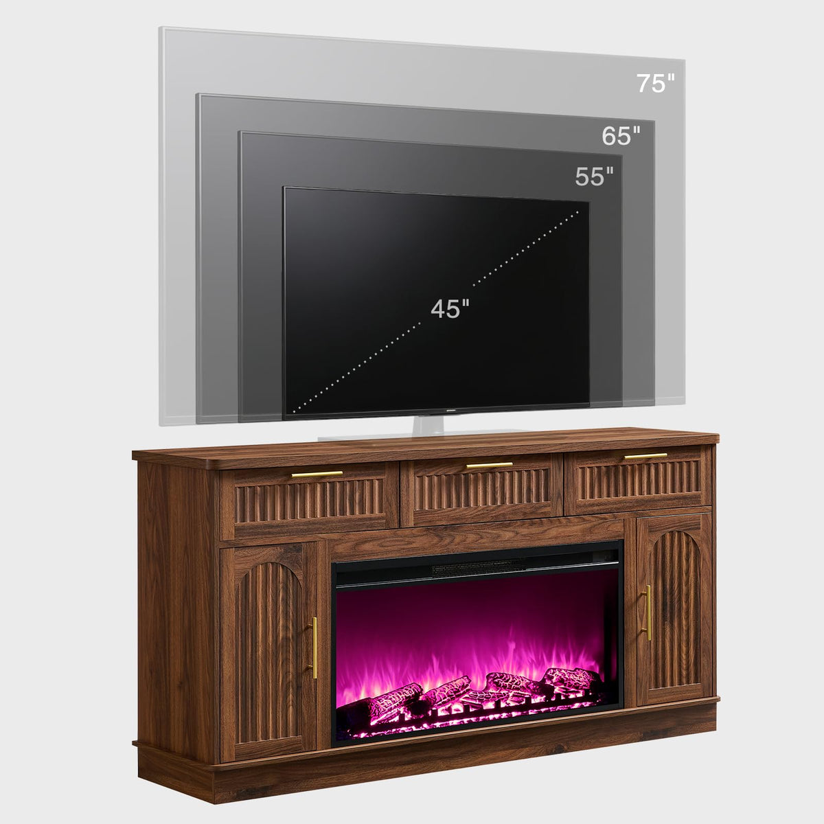 Fireplace TV Stand for 75" TV, 36" Electric Fireplace with Mantel, Walnut