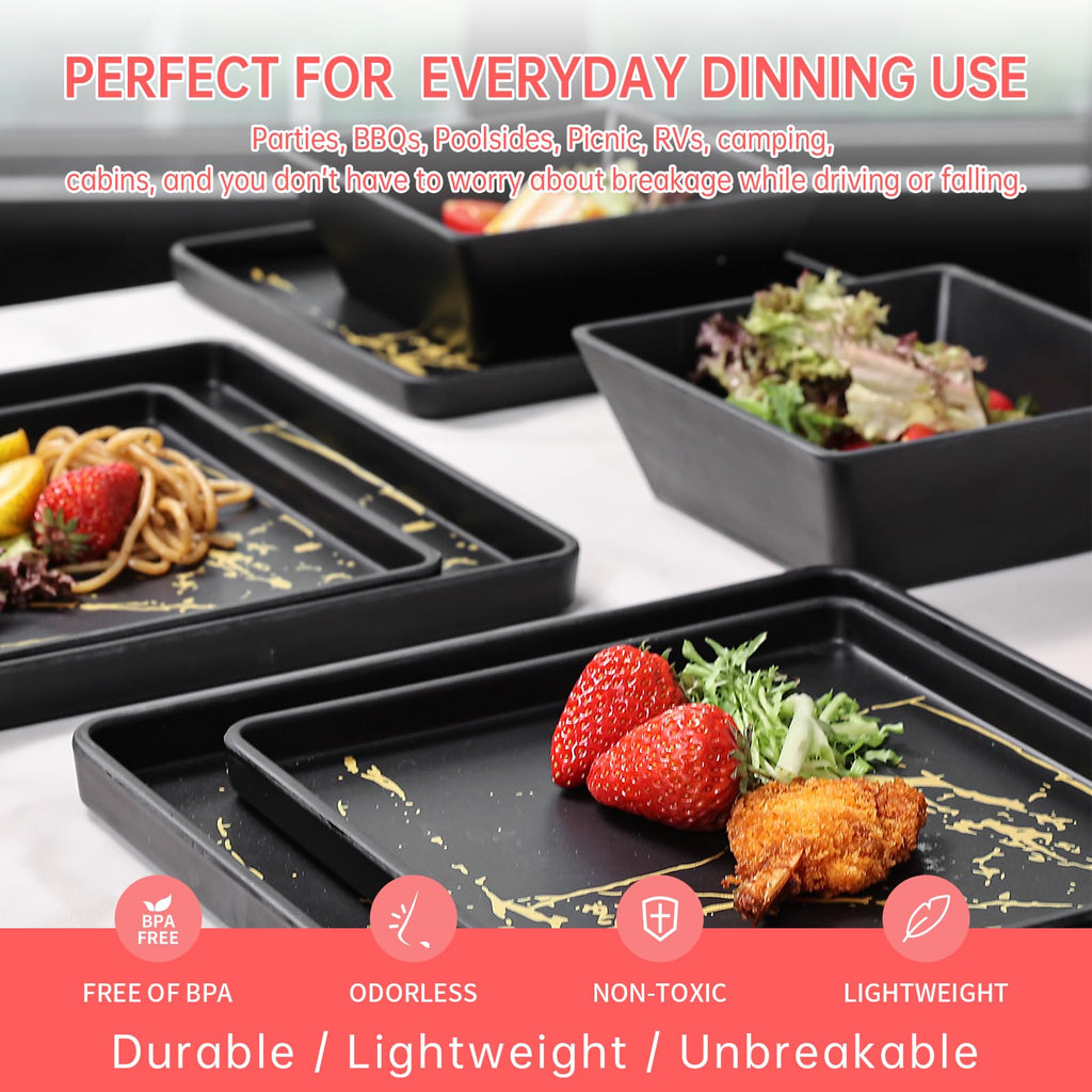 Melamine Dinnerware Sets - 12pcs Square Plates and Bowls Sets For 4, Indoor Outdoor Use, Dishwasher Safe, Black & Gold