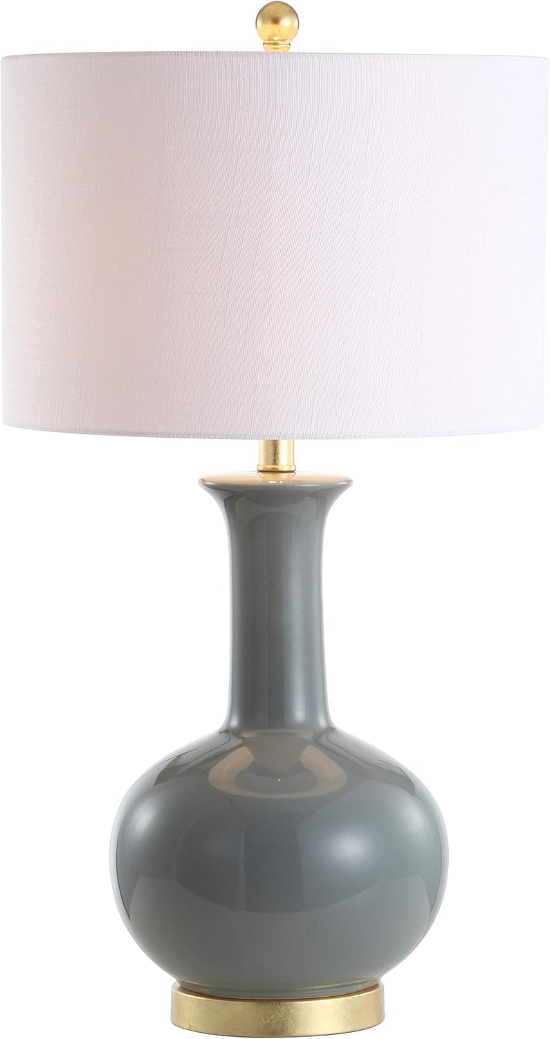 27" Gray/Brass Ceramic Table Lamp Bedroom, Modern Transitional Nightstand Lamp with White Linen Drum Shade