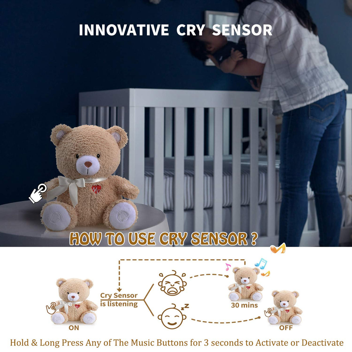 Newborns Musical Baby Sleep Soother, Mom's Heartbeat White Noise Machine, Bear Sleeping Aid with Cry Sensor|Night