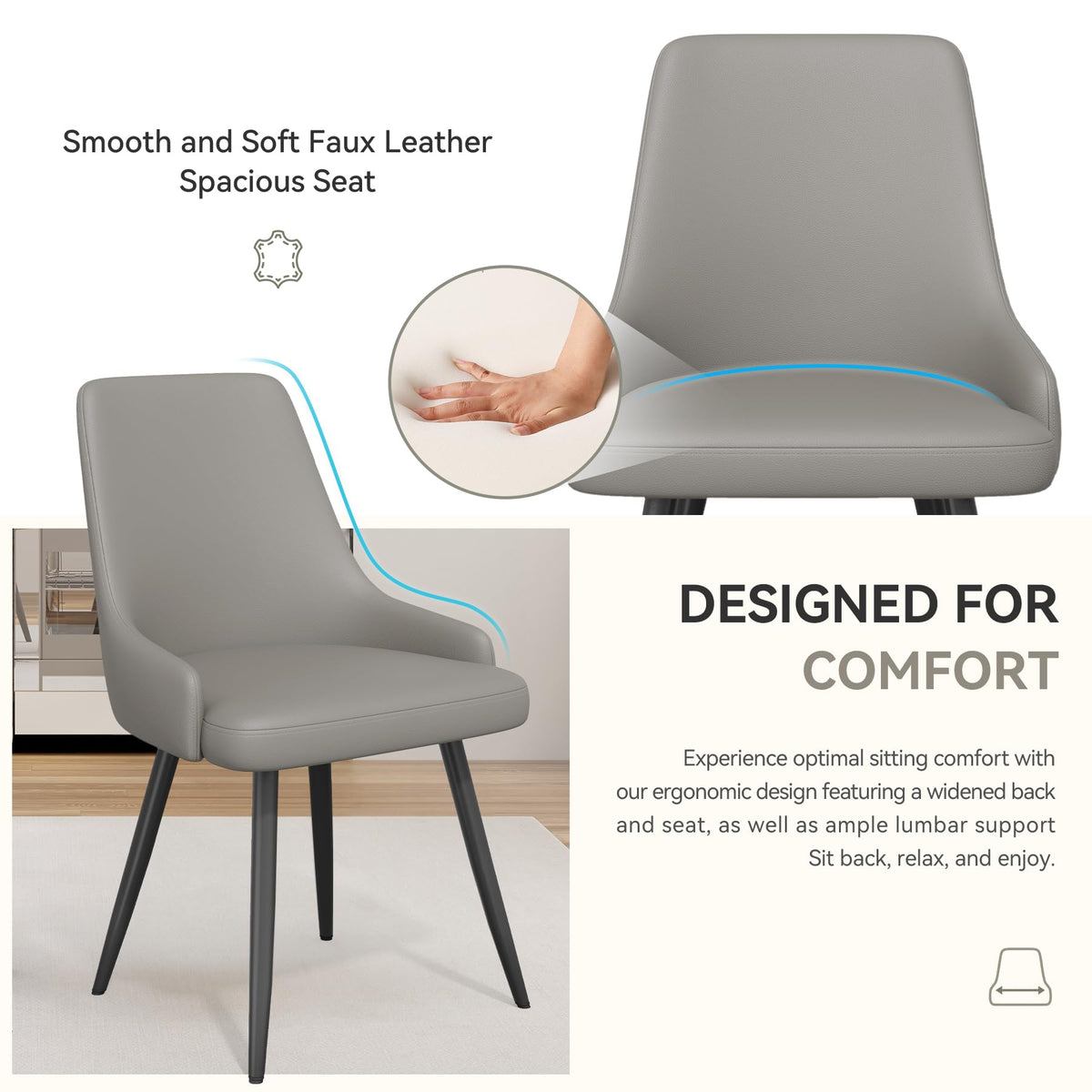 Faux Leather Chairs Set of 4, Waterproof Padded Seat, Grey