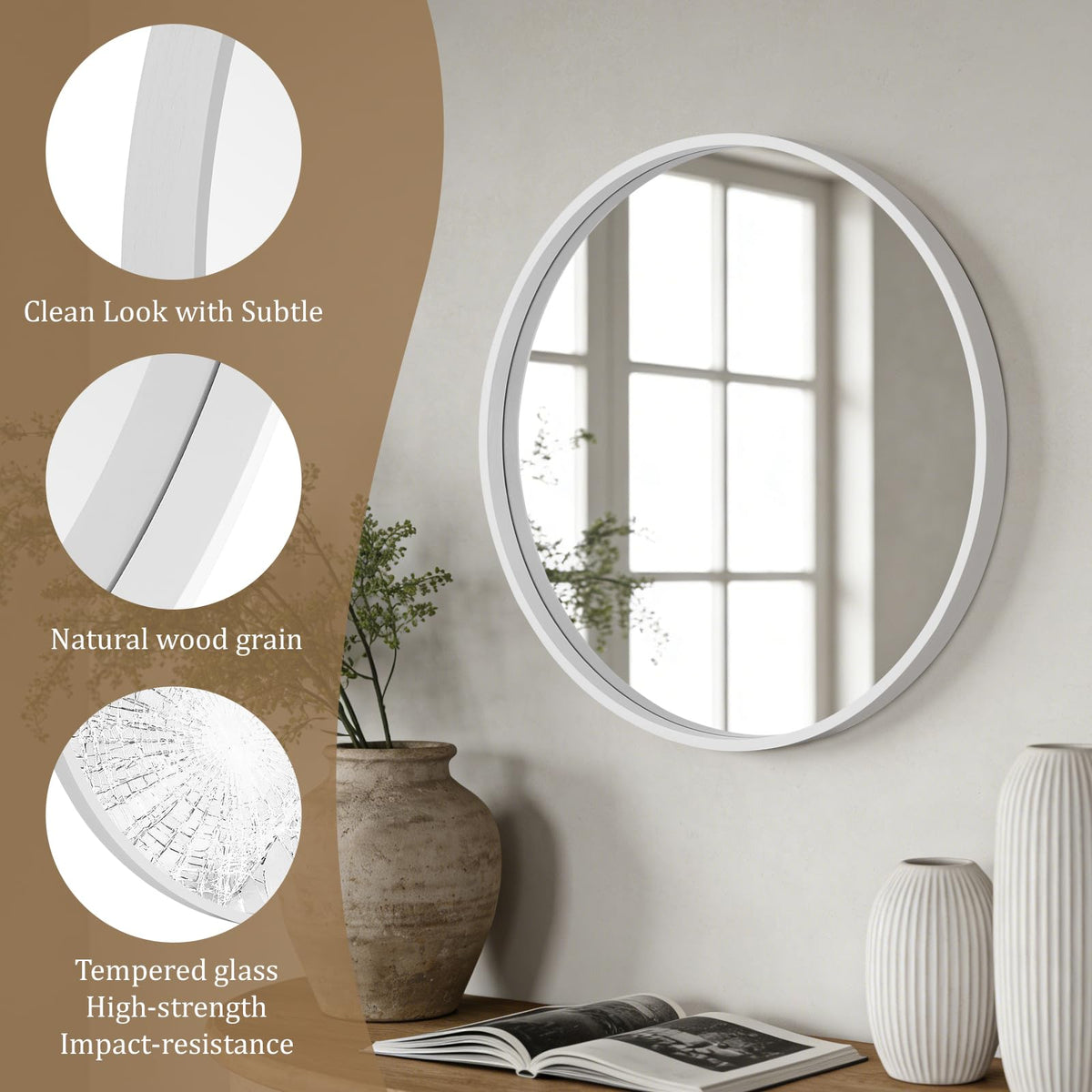 Round Wood Mirror 24 inch Circle Wall Mirror Round Wall Mirror for Wall Decor, Vanity, Entryway Living Room (White)
