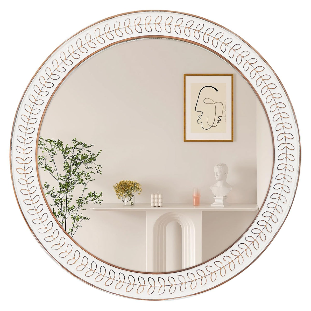 26 inch Round Mirrors for Wall Wood Circle Mirror with Carved Frame Rustic Accent Distressed Decorative Bedroom