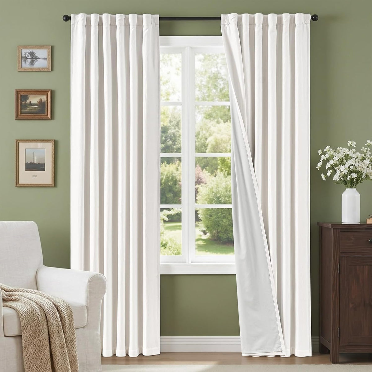 100% Blackout Curtains (Set of 2 Panels) for Bedroom Decor White Linen Textured Curtains with Liner Insulated Thermal Curtains