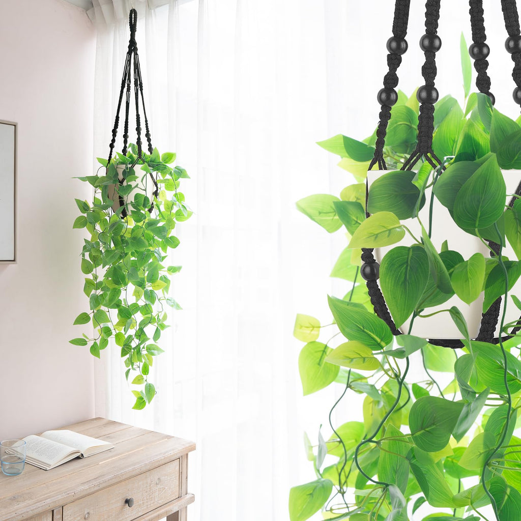 Fake Hanging Plant, Macrame Hanger with Pothos Vines & Pot, Black