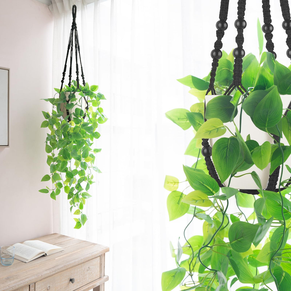 Fake Hanging Plant, Macrame Hanger with Pothos Vines & Pot, Black