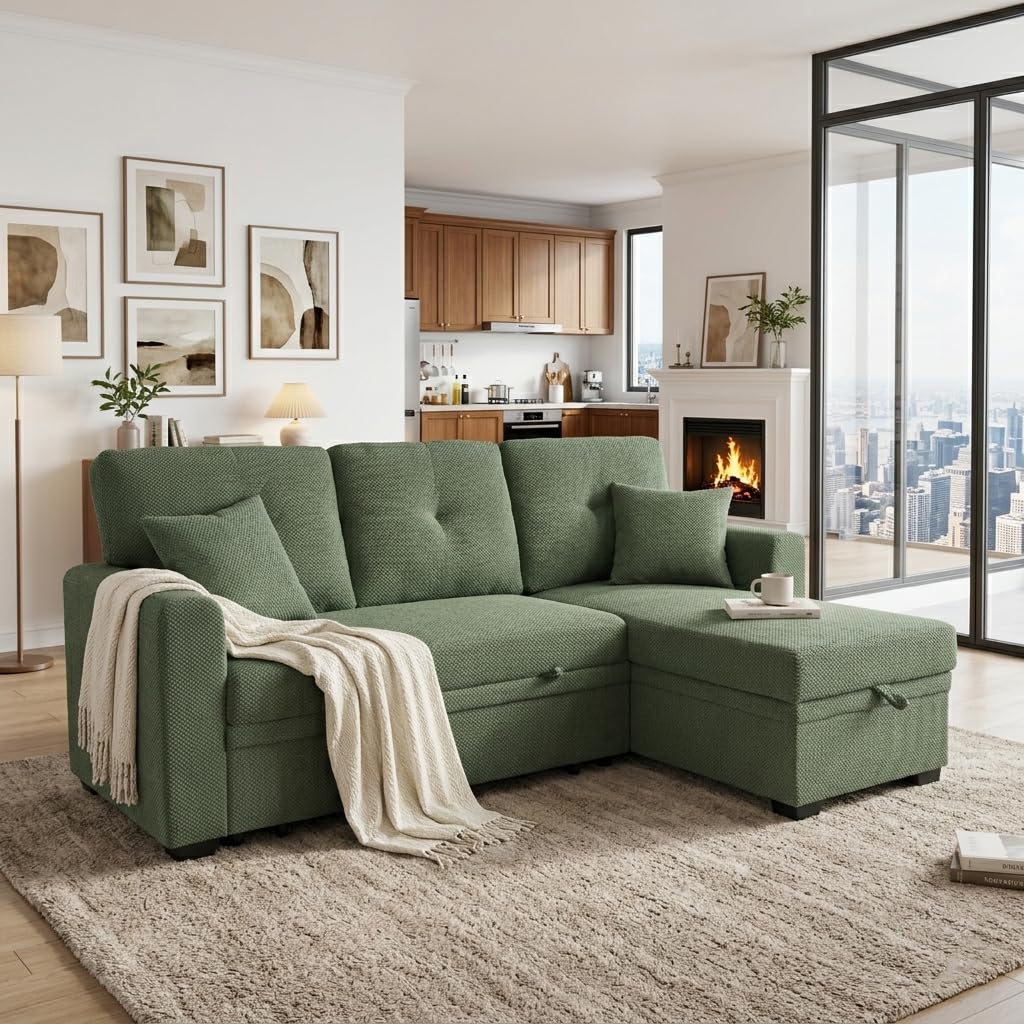 Tufted Sectional Sleeper Sofa Pull Out Couch Bed - Modern Upholstered L Shaped Convertible Sofa Bed with Chaise