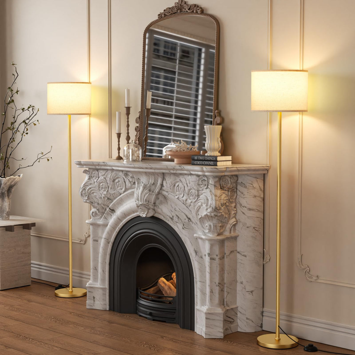 60'' Modern Floor Lamp Set of 2, 2PK Tall Lamps Bedroom, Beige Shade with Gold Pole(Without Bulb)