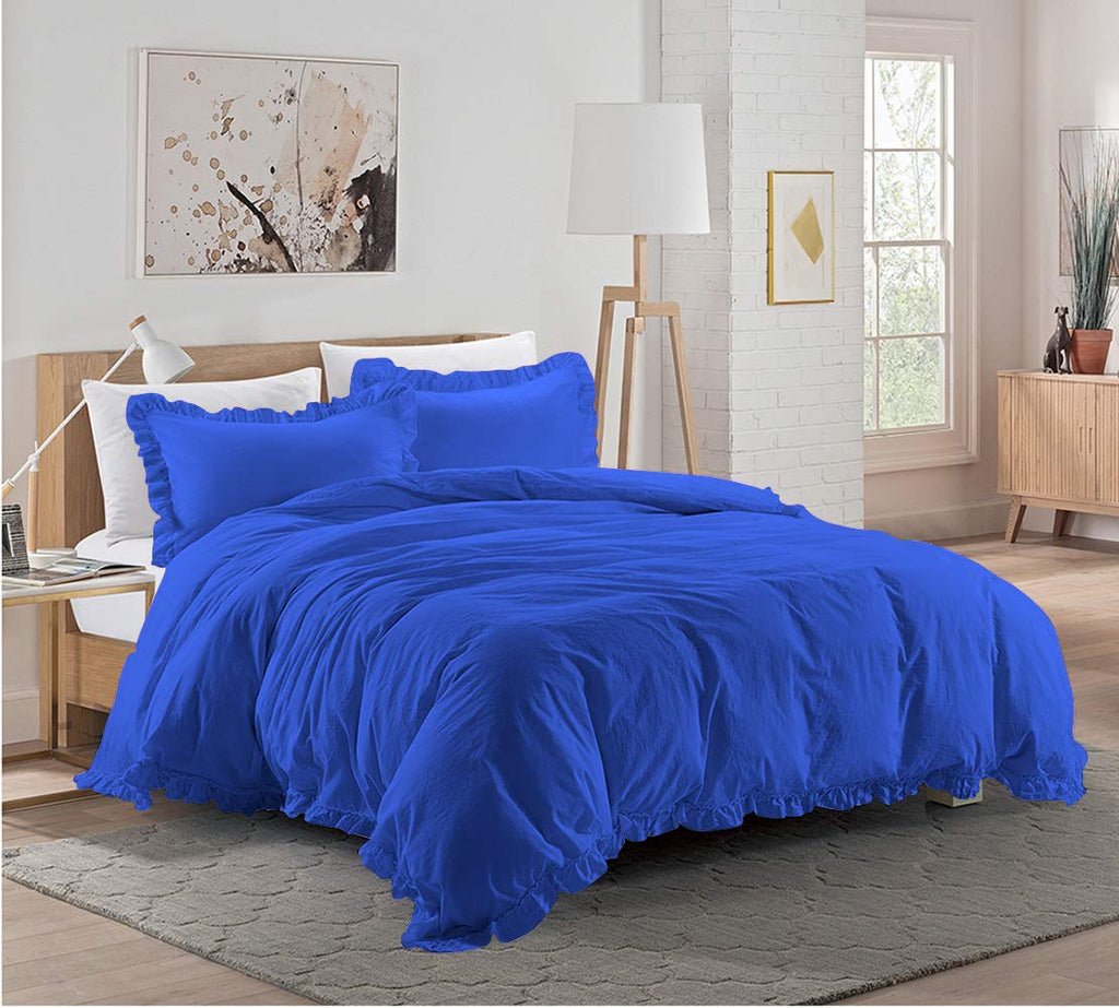 3 Pieces Ruffle Duvet Cover Set with Zipper Closure, 100% Egyptian Cotton 1000 Thread Count (Full/Queen, Royal Blue)