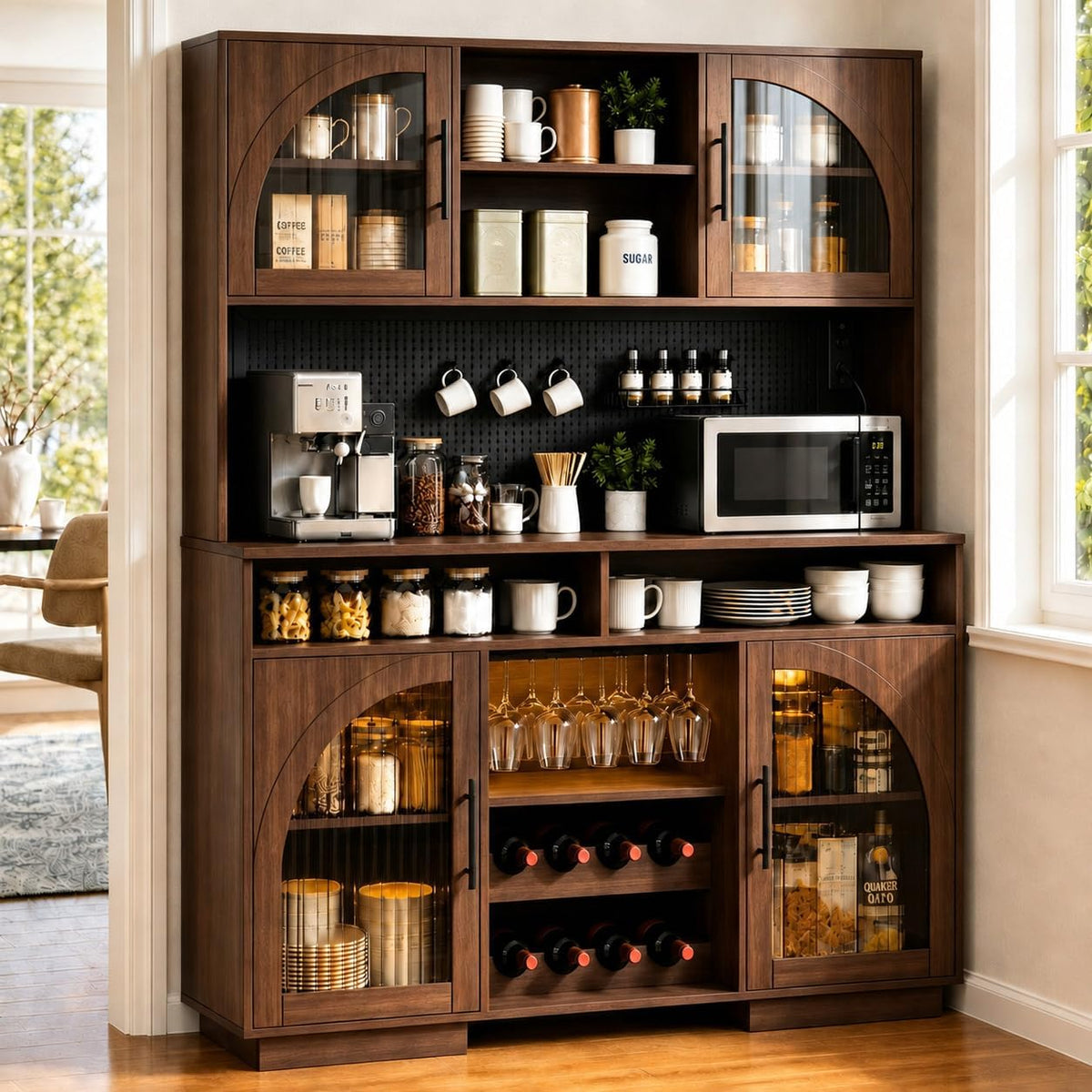 71" Tall Pantry Cabinet with Charging Station, LED Lights & Microwave Stand | 54"W Brown Modern Storage Cabinet with