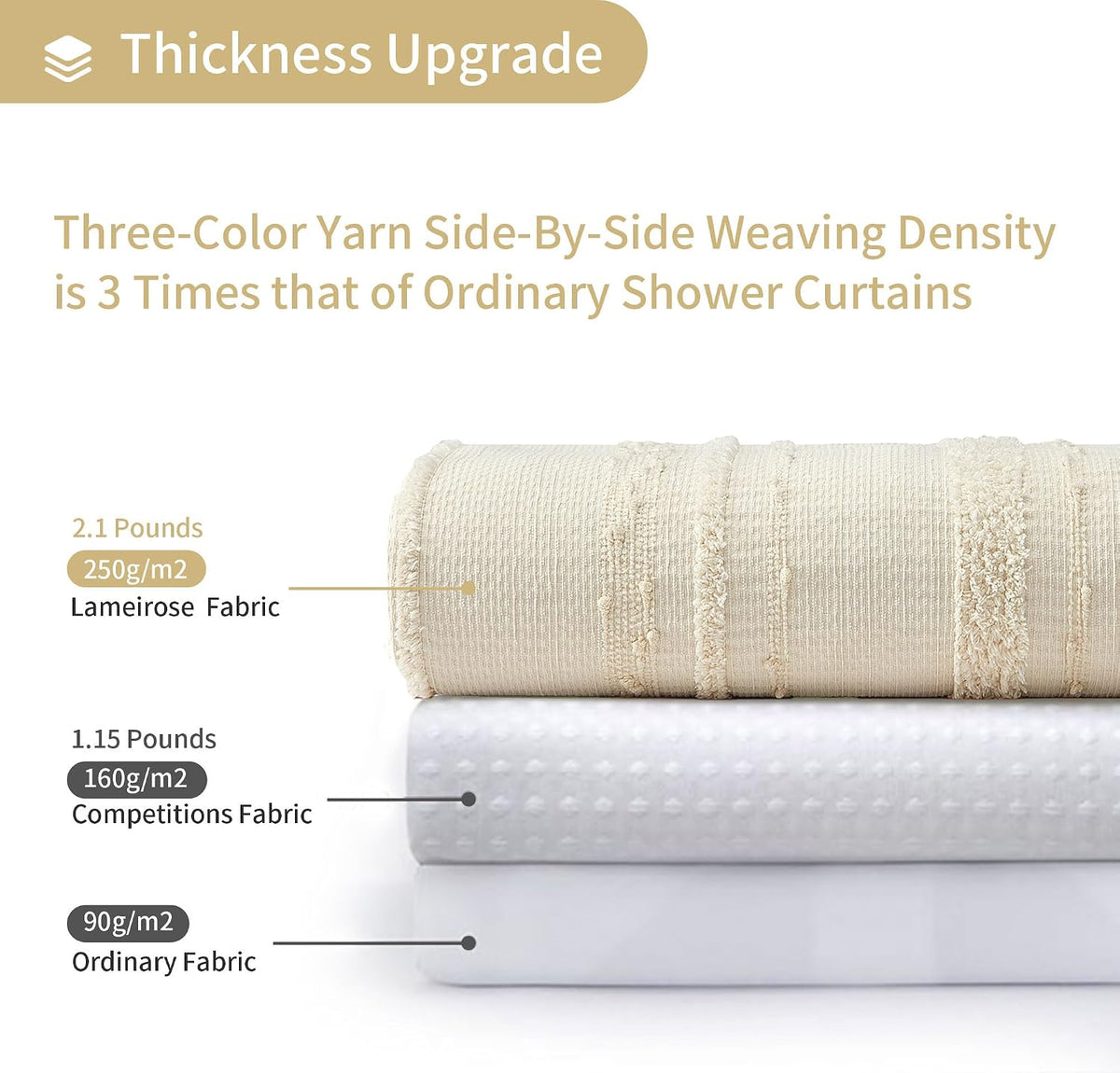 Beige Shower Curtain Boho, 72 x 72 Cotton Blend Waffle Weave Stripe Textured Heavy Duty, Fabric Shower Curtain
