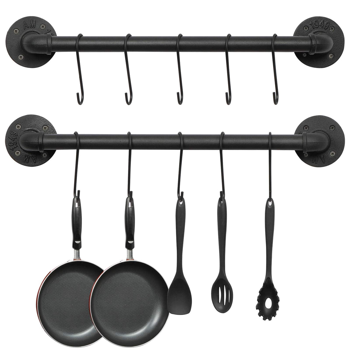 21'' Pot Rack Wall Mounted, Iron Pipe Hanging Rack, 10 S Hooks, 2Pack