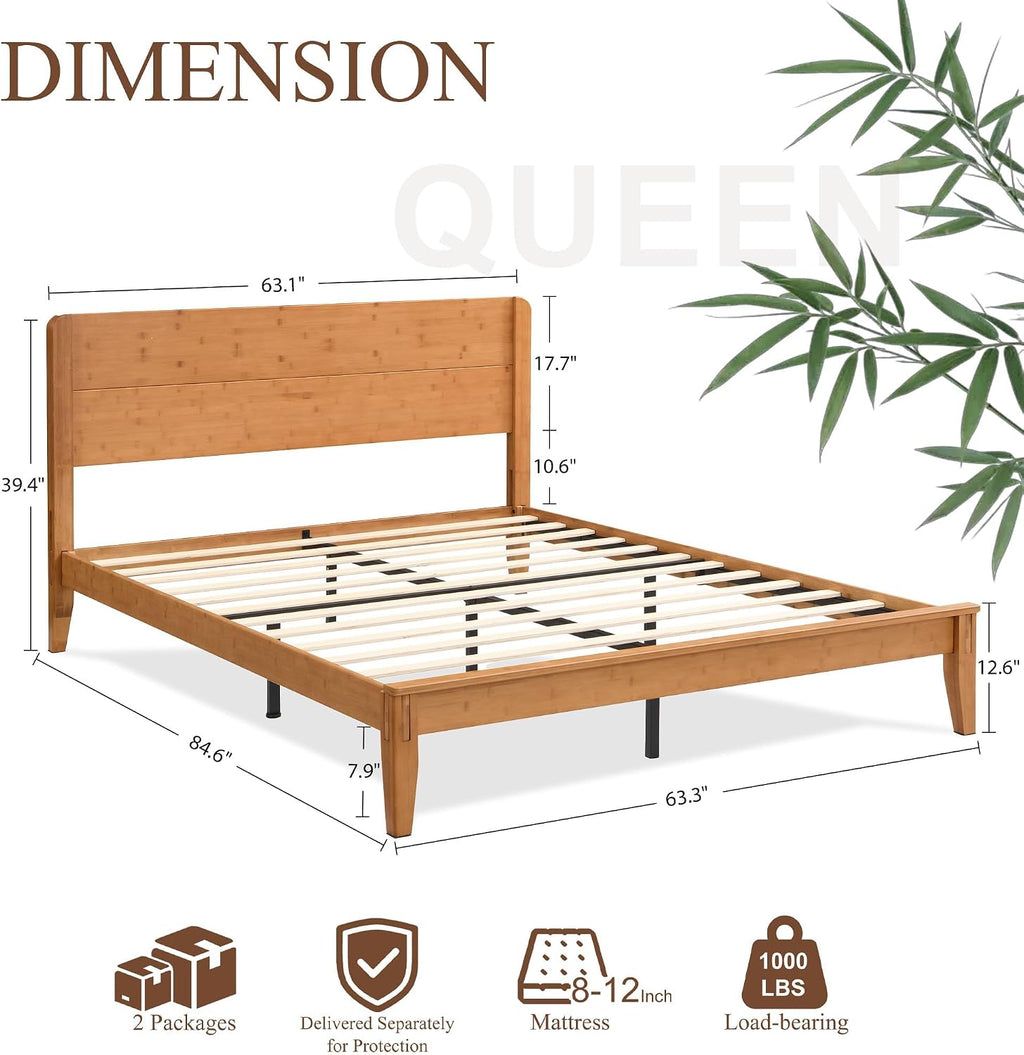 Japanese Joinery Bamboo Bed Frame, Platform Bed with Headboard