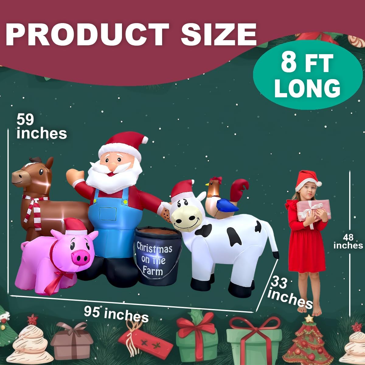 8ft Long Christmas Inflatables Santa Farm Scene Decorations Built-in LED Lighted Blow Up Decoration Home Yard Outdoor