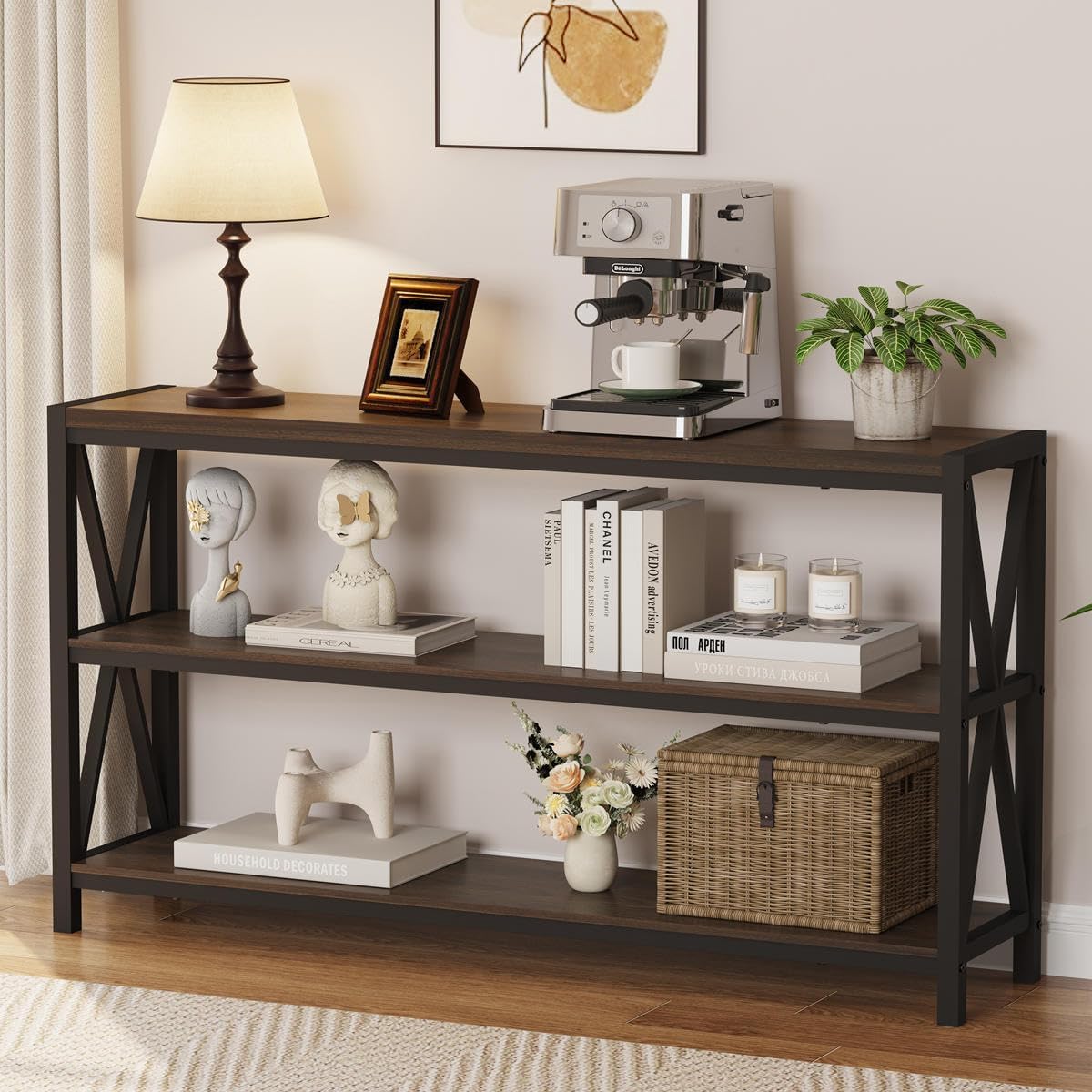 Set of Two Industrial Console Tables, Three-Tier with Metal Frames