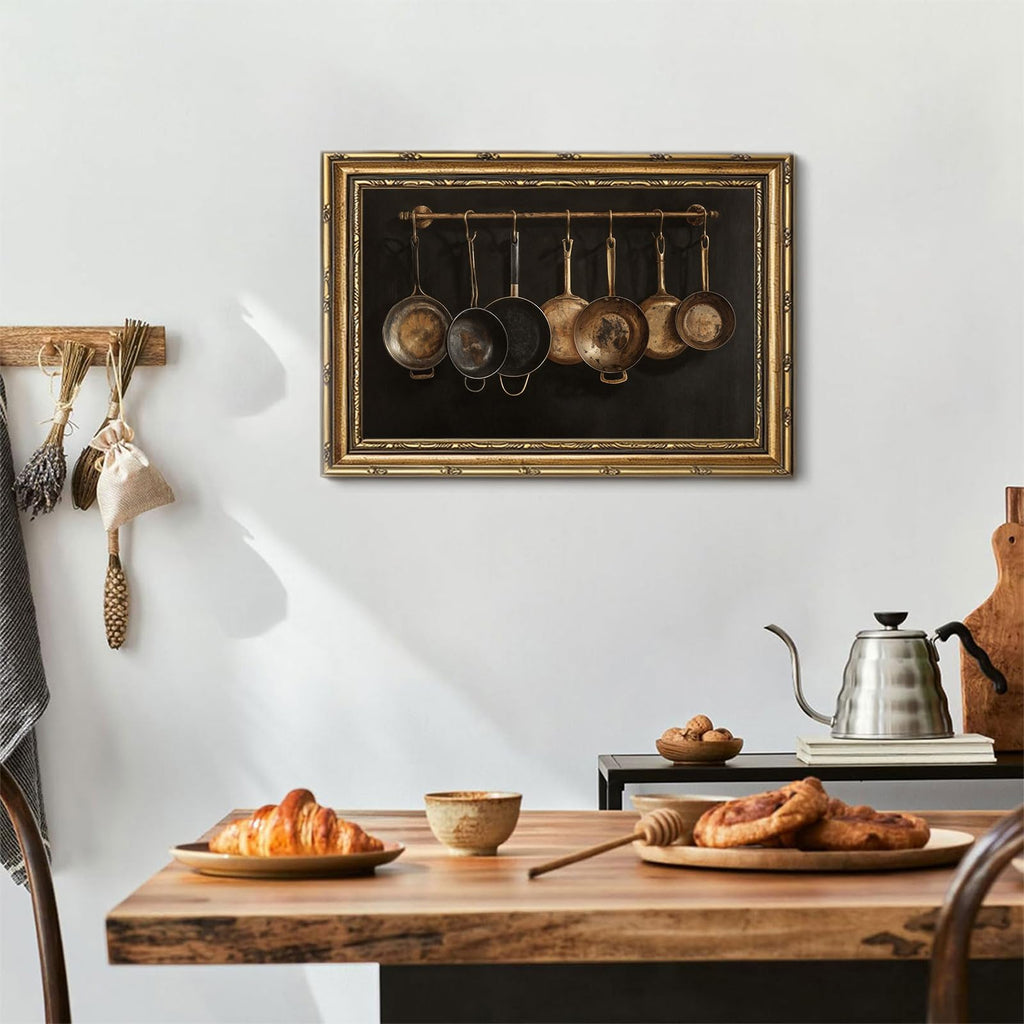 Large Dark Academia Kitchen Wall Art Gold Framed, Moody Vintage Copper Pots Still Life Canvas Print, Statement