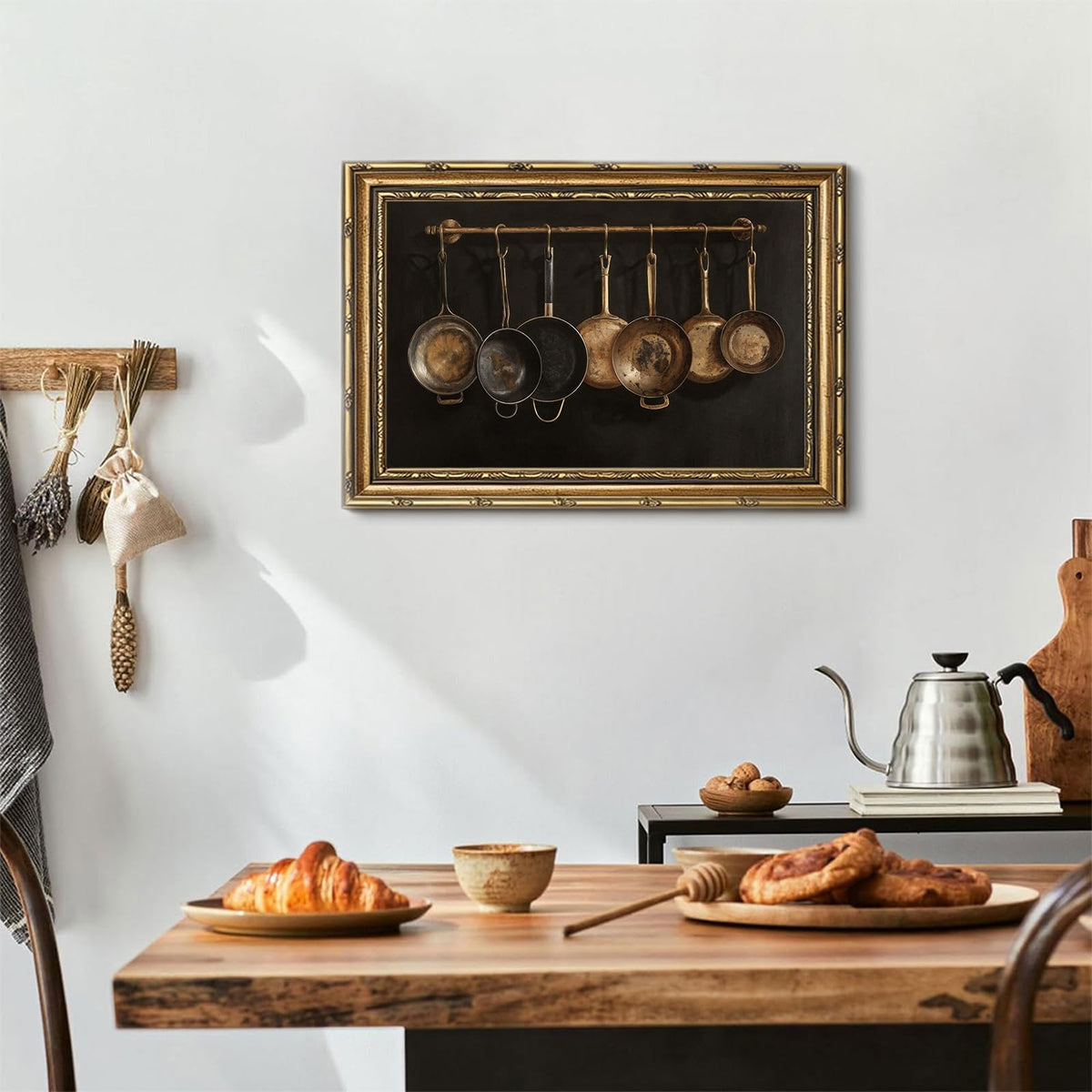 Large Dark Academia Kitchen Wall Art Gold Framed, Moody Vintage Copper Pots Still Life Canvas Print, Statement