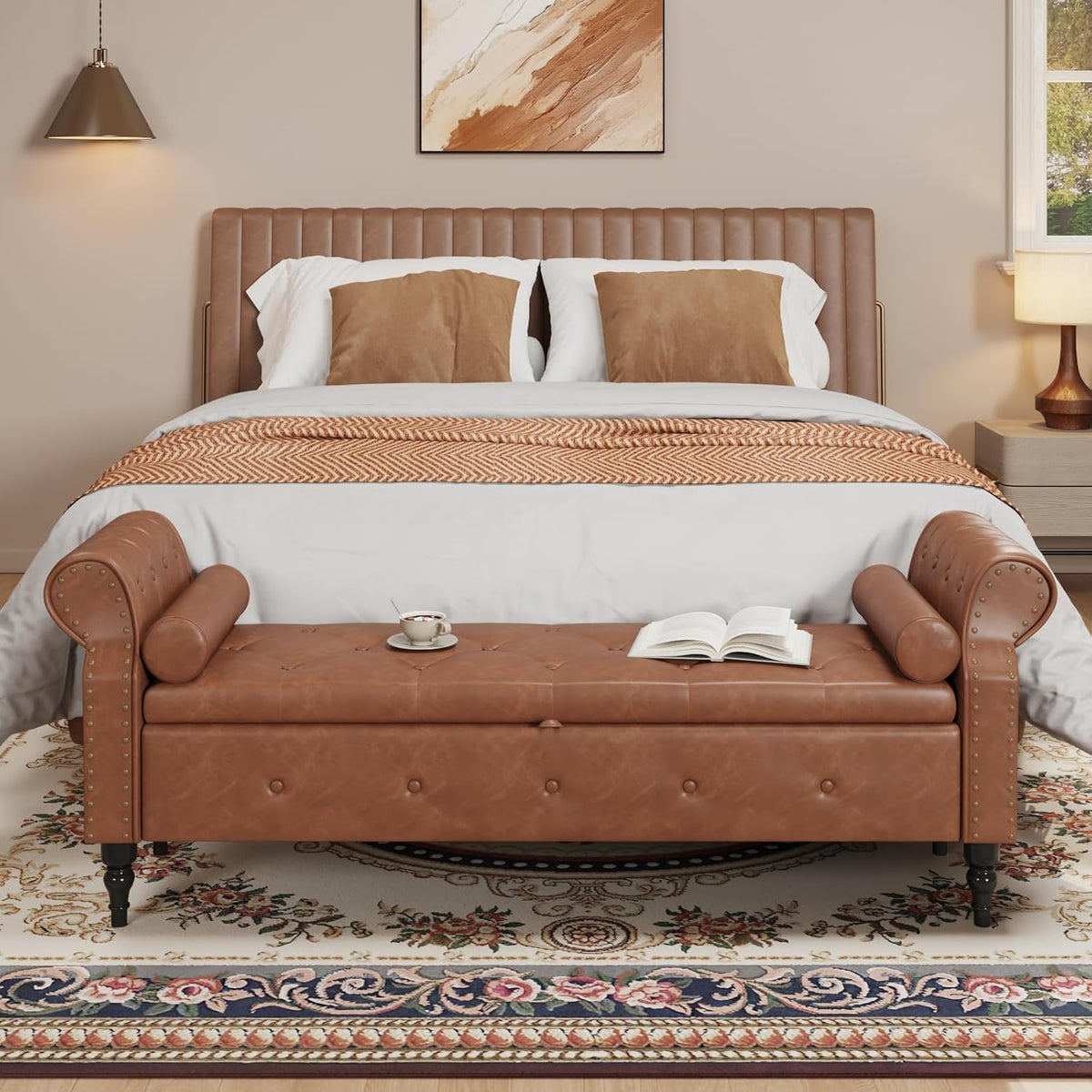 65" End of Bed Storage Bench with Rolled Arms,Storage Ottoman | Large Upholstered Shoe Benches with Nailhead