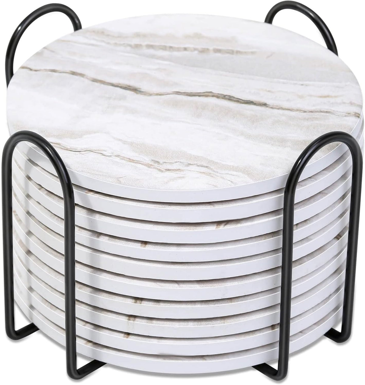 Coasters, Absorbent Drink Coasters with Holder, Marble Style Ceramic Coaster for Wooden Table, Home Decor - Set of 10
