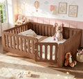 Queen Floor Bed with Door for Kids, Queen Size Floor Bed with High Fence, Wooden Montessori Beds for Kids, Deep
