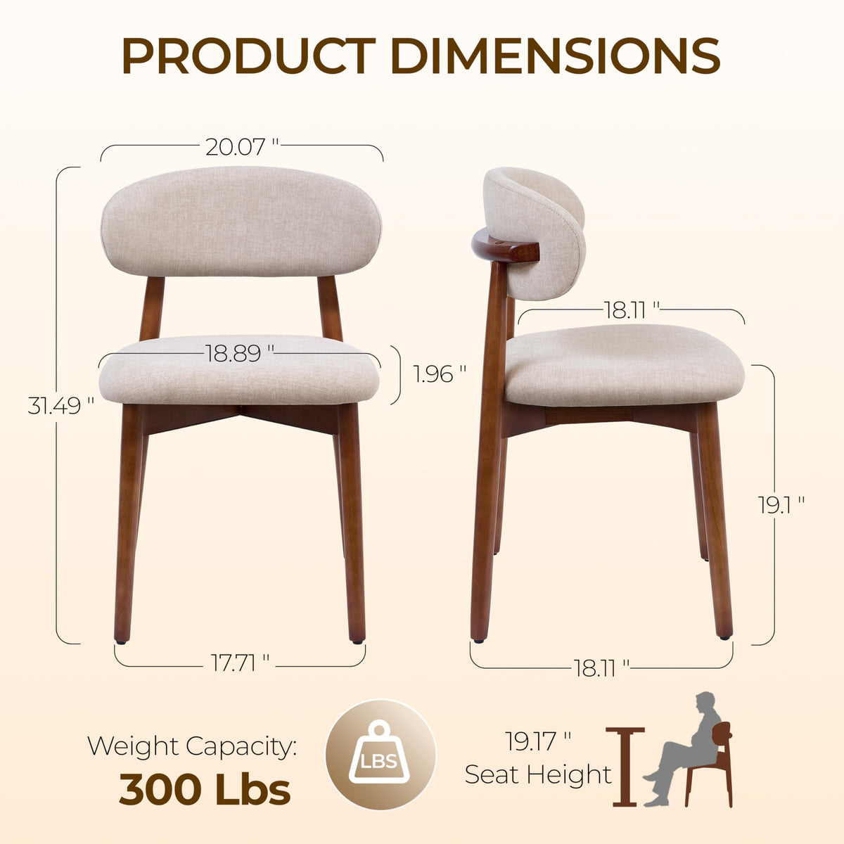 Mid Century Modern Dining Chairs Set of 2, Farmhouse Wooden Velvet Fabric Upholstered Kitchen Chairs with Curve Back
