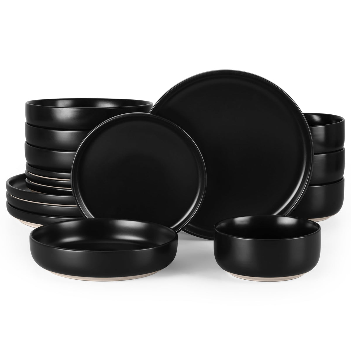 16-Piece Plates and Bowls Set for 4, Stoneware Dinnerware Sets with Pasta Bowl, Dishes Set Restaurant, Frosting Black