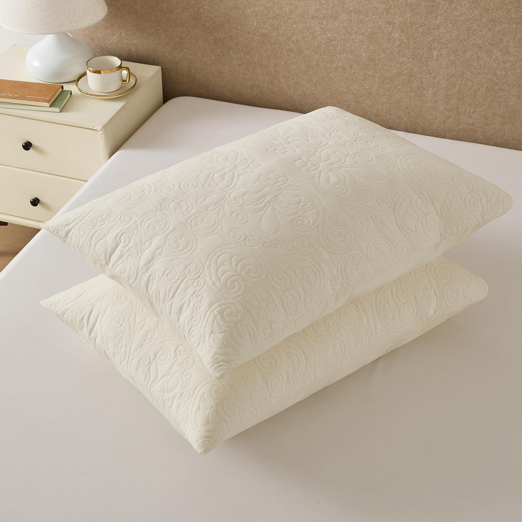 Quilted Pillow Shams Damask Ivory Medallion Set of 2 Embroidered
