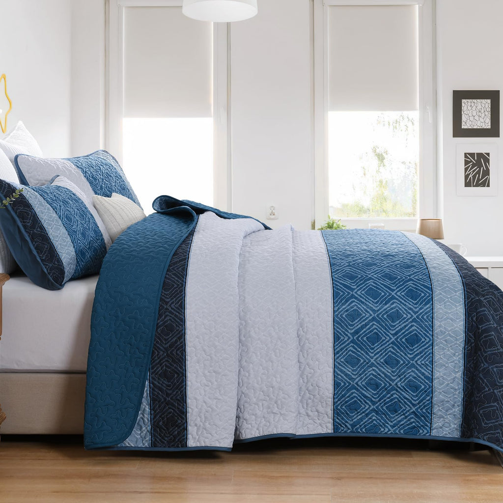 Navy Blue Quilt Set, Striped Plaid Bedspread Coverlet Set