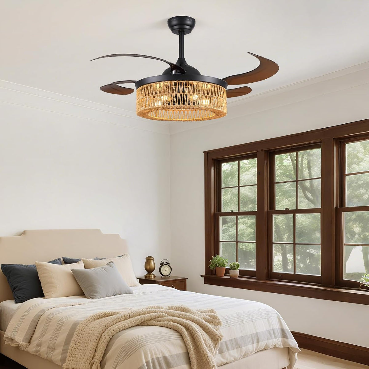 48 Inch Retractable Ceiling Fans with Lights and Remote, Boho Caged Farmhouse Ceiling Fan, Invisible Rattan Fandelier