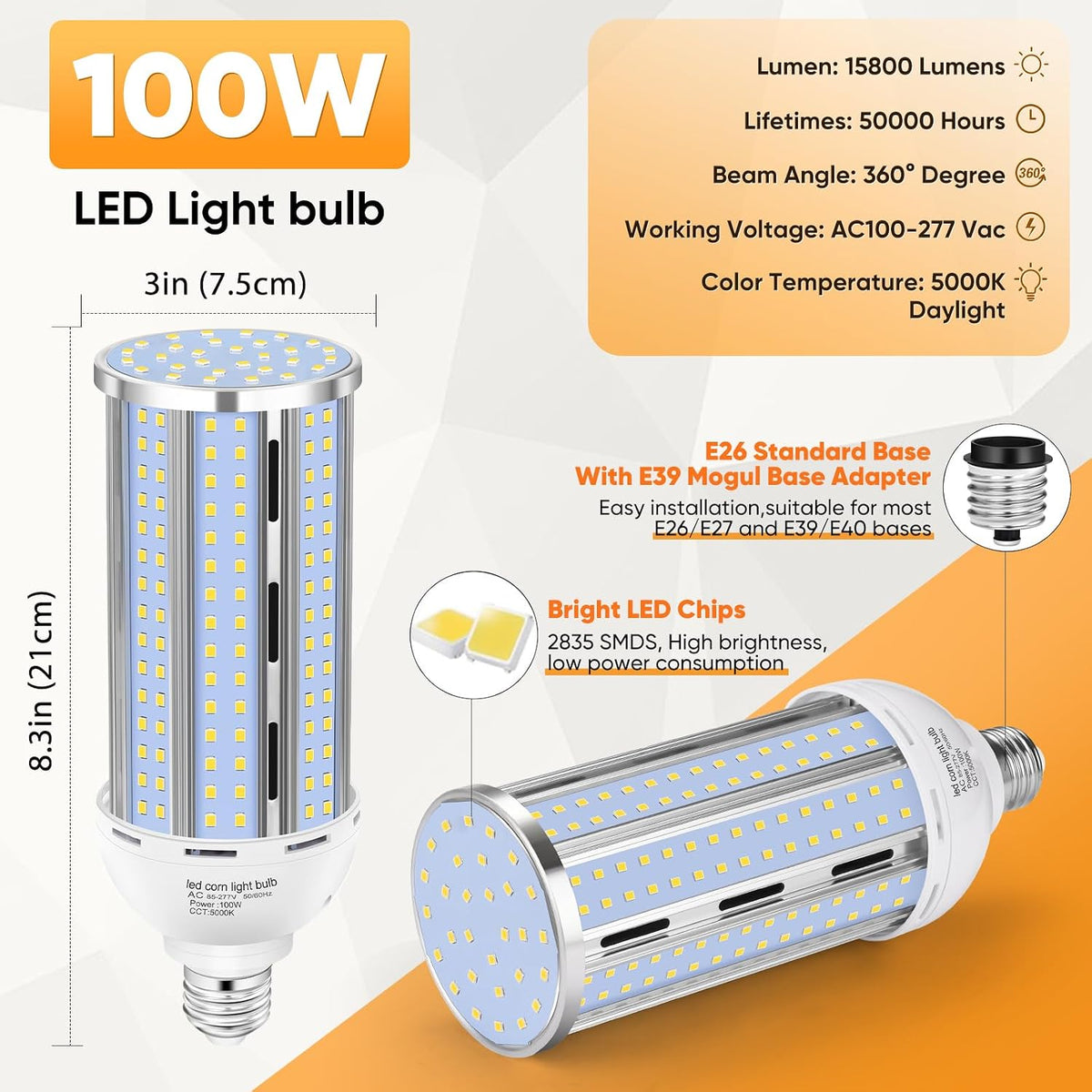 4 Pack 100W Corn LED Light Bulb Fanless,5000K Daylight(1000 Watt Equivalent) E26/E39 Large Mogul Base LED Cob Lamp