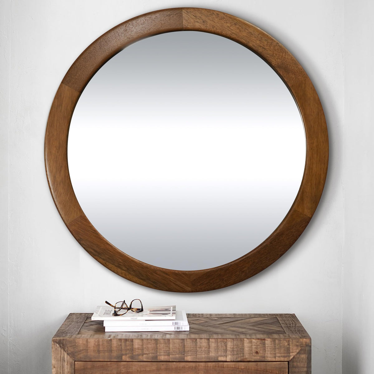 Round Mirror 36 Inch,Wood Rustic Bathroom Wall Mirror with Walnut Frame