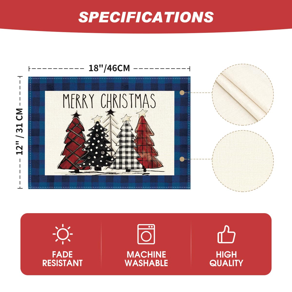 Blue Waterclor Buffalo Plaid Christmas Trees Placemats Set of 6, 12x18 Inch Winter Table Mats for Outdoor Home Party