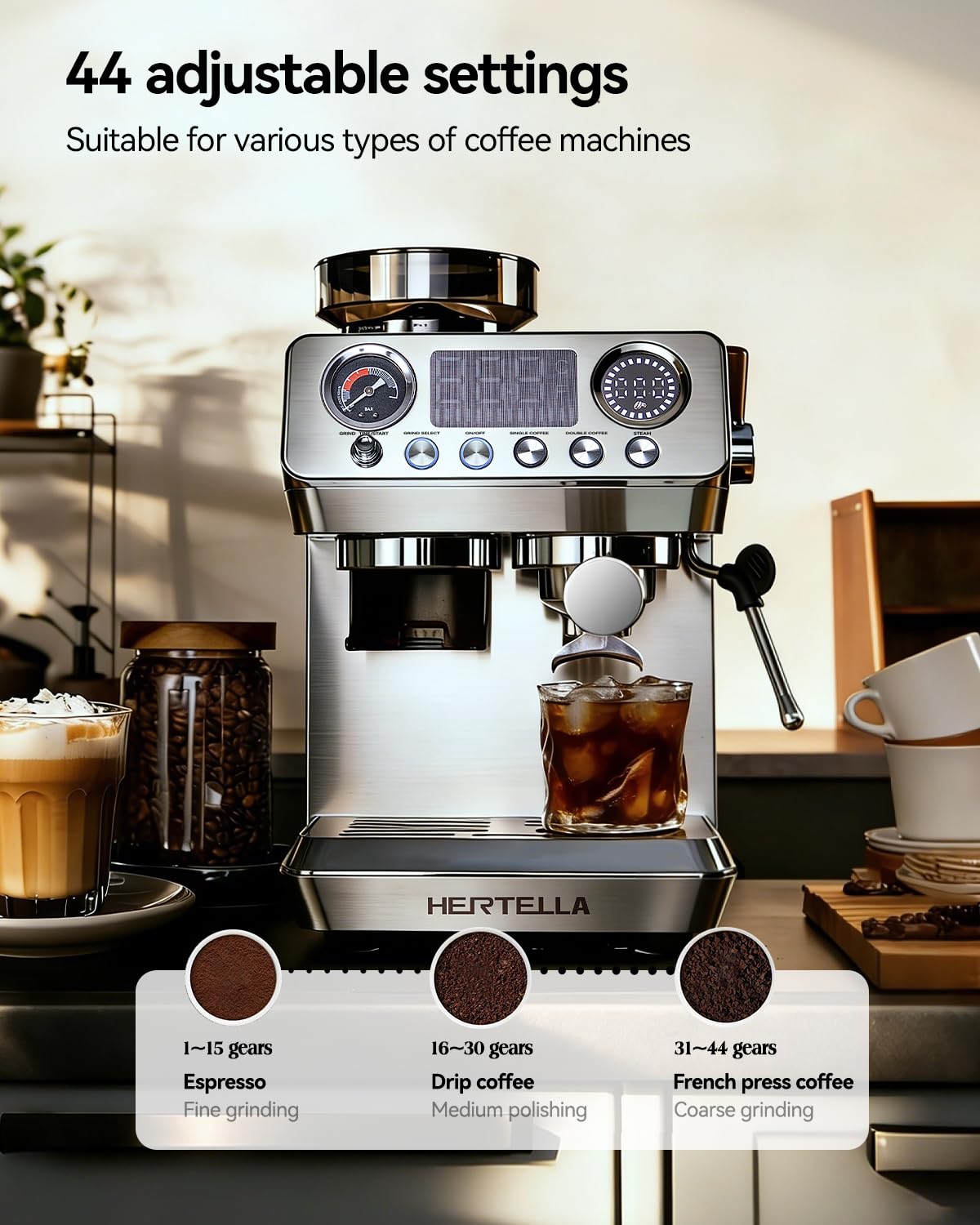 Espresso Machine with Burr Grinder, 20 Bar Visual Pressure Gauge, Milk Frother Steam Wand, Stainless Steel, 4