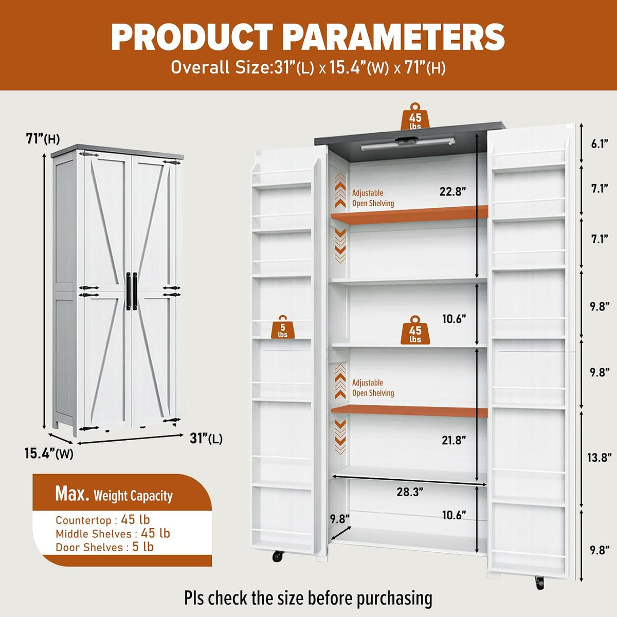 Food Pantry Storage Cabinet with Led Light, 71" Tall Farmhouse Kitchen Pantry Cabinet with Adjustable Shelves, Free