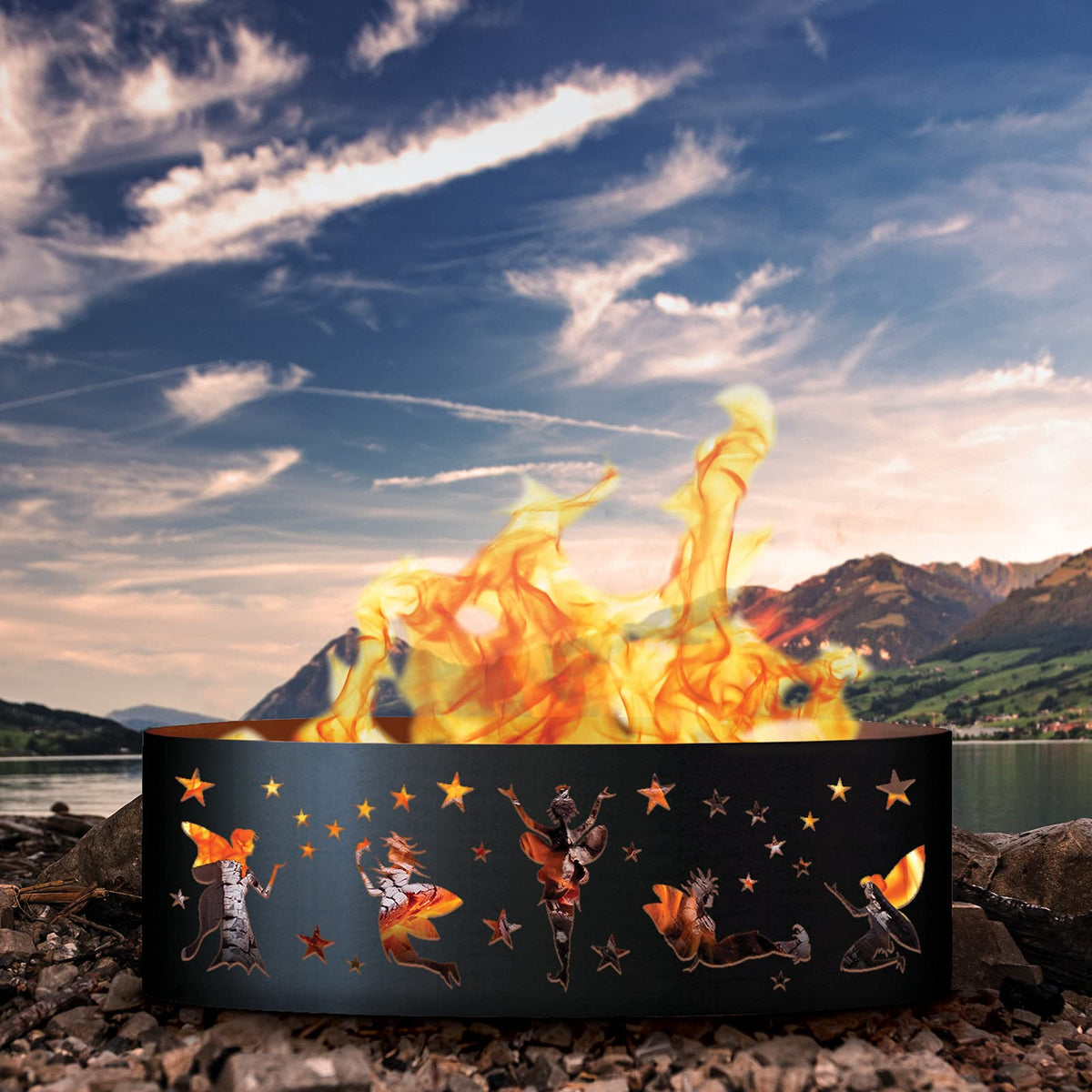 Fairy Unpainted 12 in. Tall 30 in. Diameter Outdoor Fire Ring with Fire Poker - 30 x 30 x 12 in. - Rustic