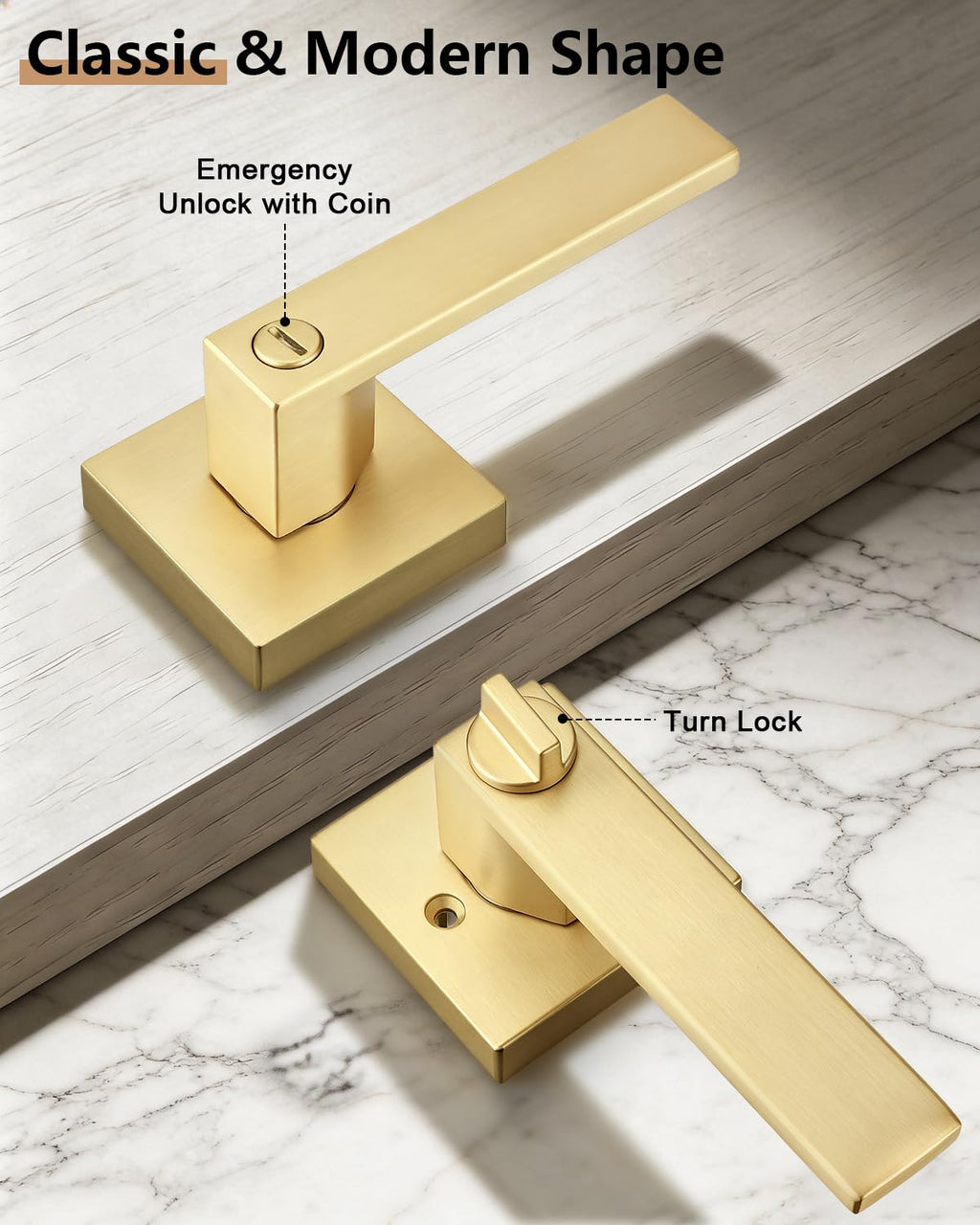 Interior Privacy Door Handles 5 Pack, Gold Bed & Bath Zinc Alloy Door Levers with Lock, Reversible for Right & Left