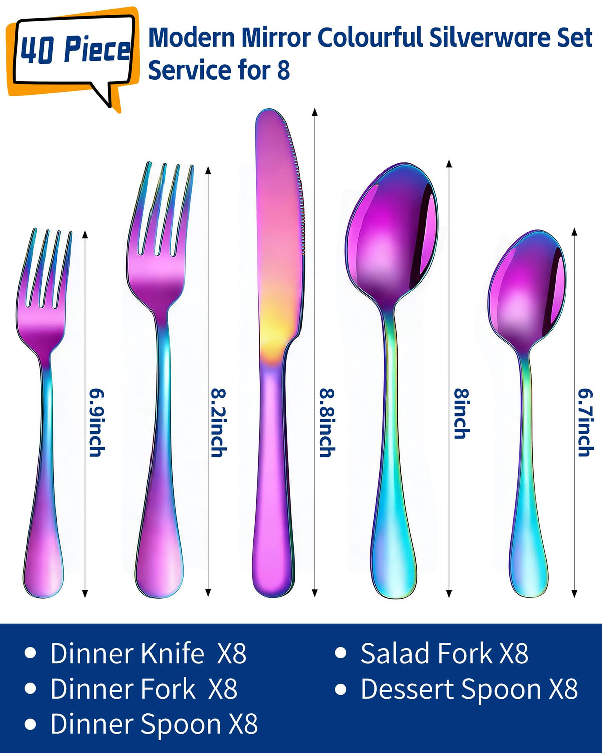 40-Piece Rainbow Silverware Set,Stainless Steel Flatware Set for 8