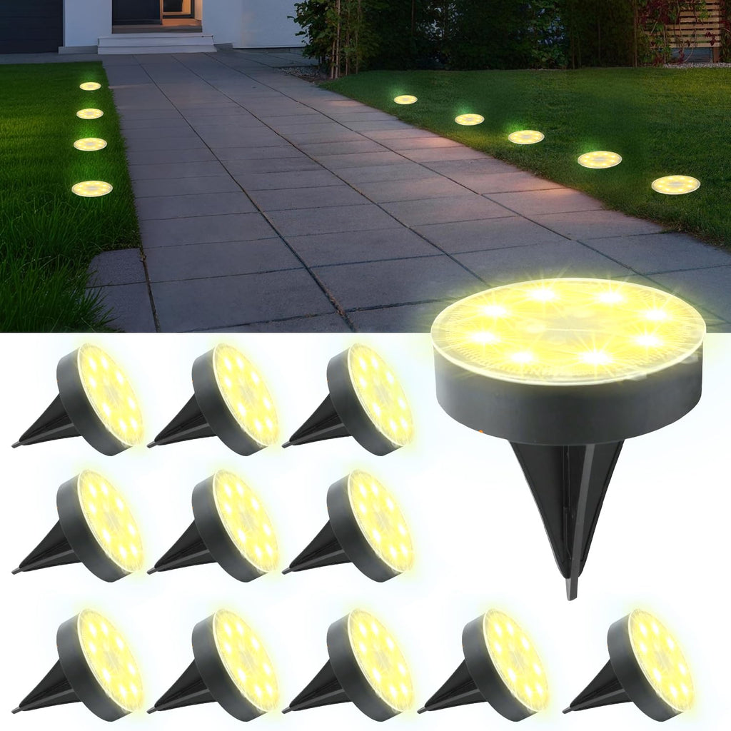 Ground Lights 12 Pack, IP68 Waterproof Solar Disc Lights for Outdoor, Flat Garden Light, In-Ground Light, Landscape