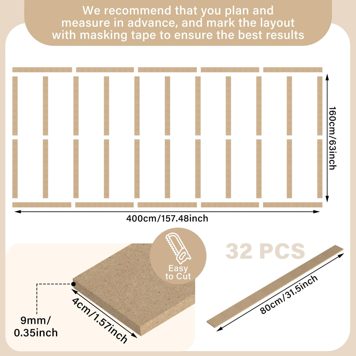 1 Set MDF Premade Board and Batten Wainscoting Kit 157 x 63inch