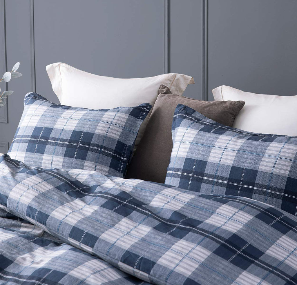 Comforter, 600 Thread Count Cotton Navy Blue & Grey Buffalo Pattern Blue Plaid Comforter Sets, Down