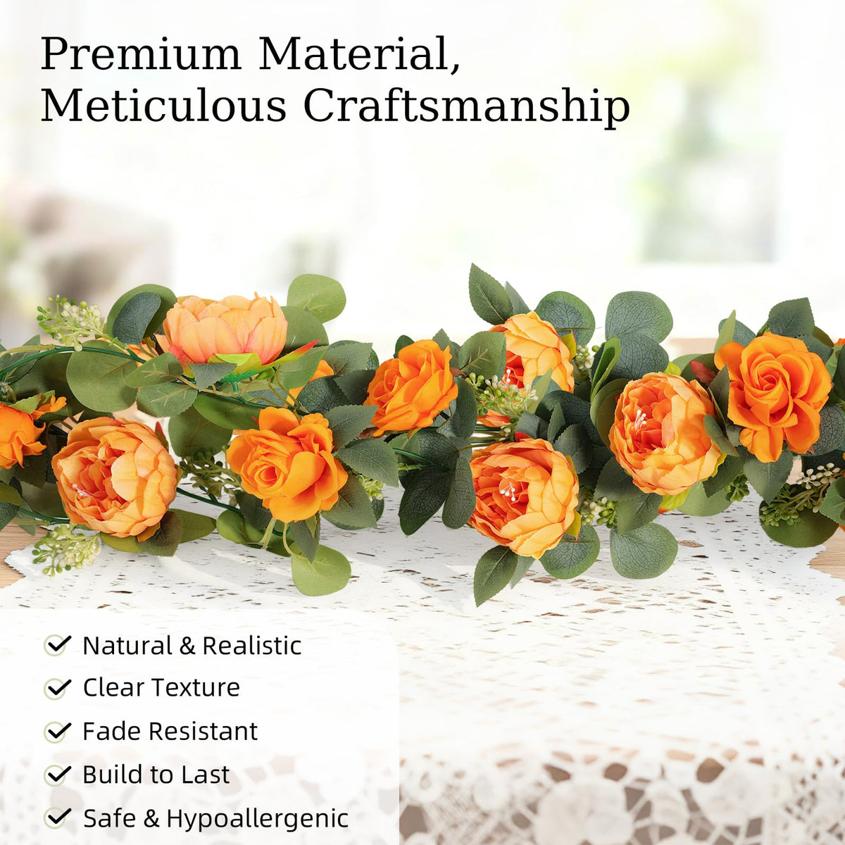 6FT Artificial Eucalyptus Garland with Flowers, Orange Peony, 1pcs