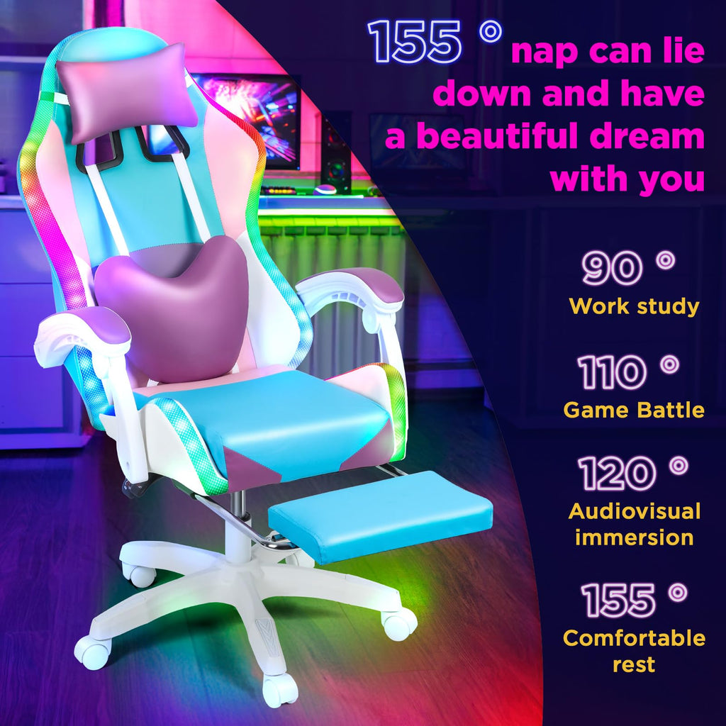 Gaming Chair with Led Lights, Gamer Chair with Footrest High Back and Lumbar Support, Ergonomic Height Adjustable