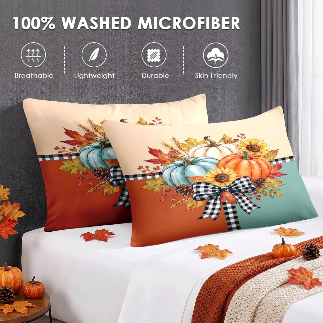 7 Pcs Fall Comforter Set, Farmhouse Pumpkin Autumn Bedding