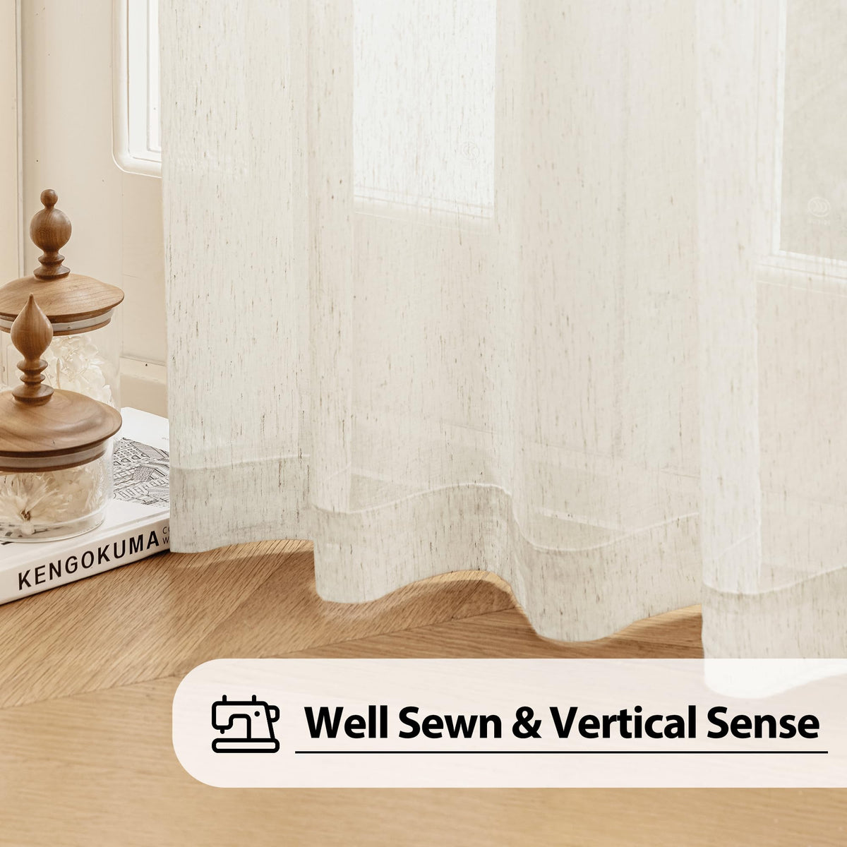 Beige Linen Sheer Curtains, 84 Inches, 2 Panels
