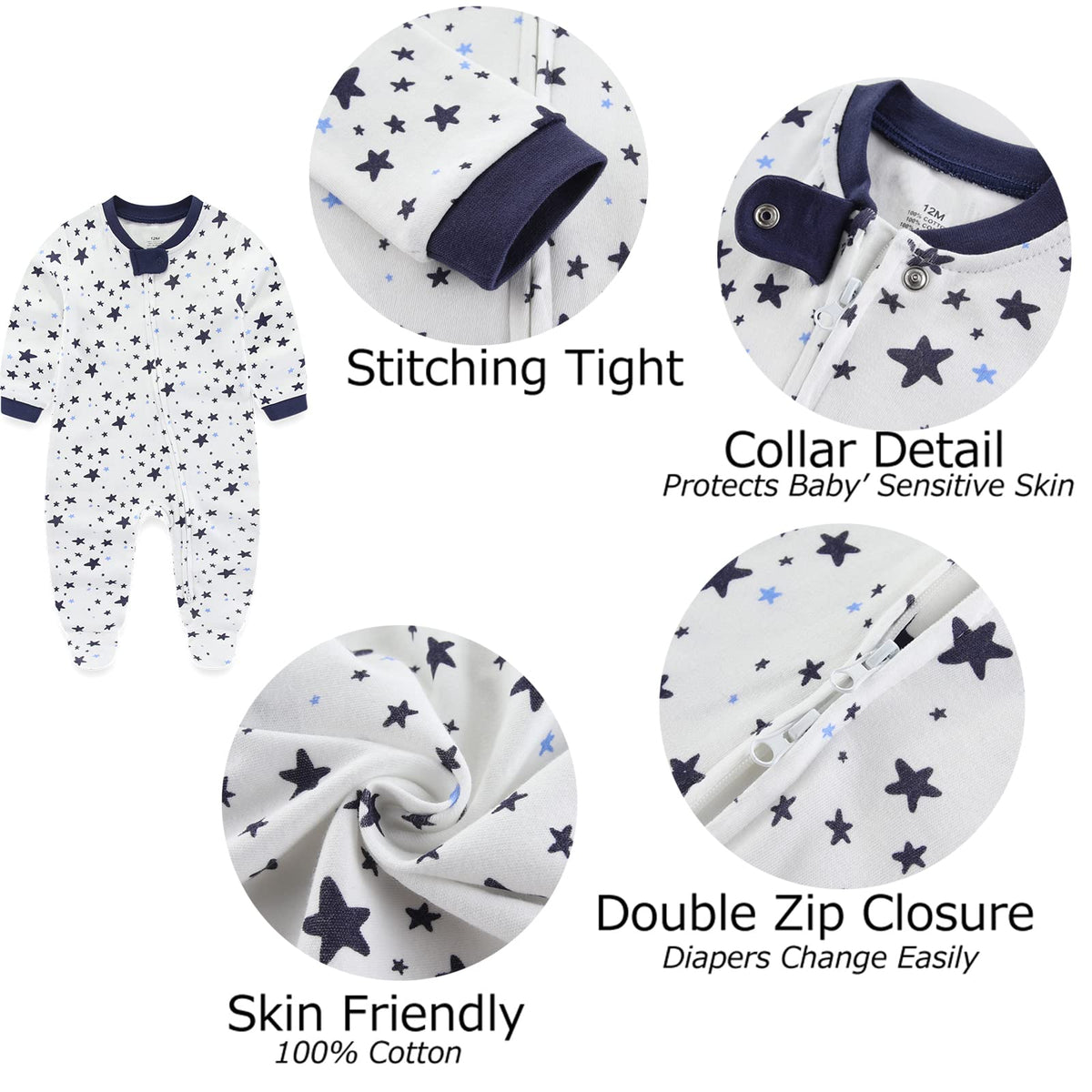Newborn Baby Boy Girls Clothes Way Zip Footed Cotton Bodysuit Pack Long Sleeve Outfits Baby Pajamas