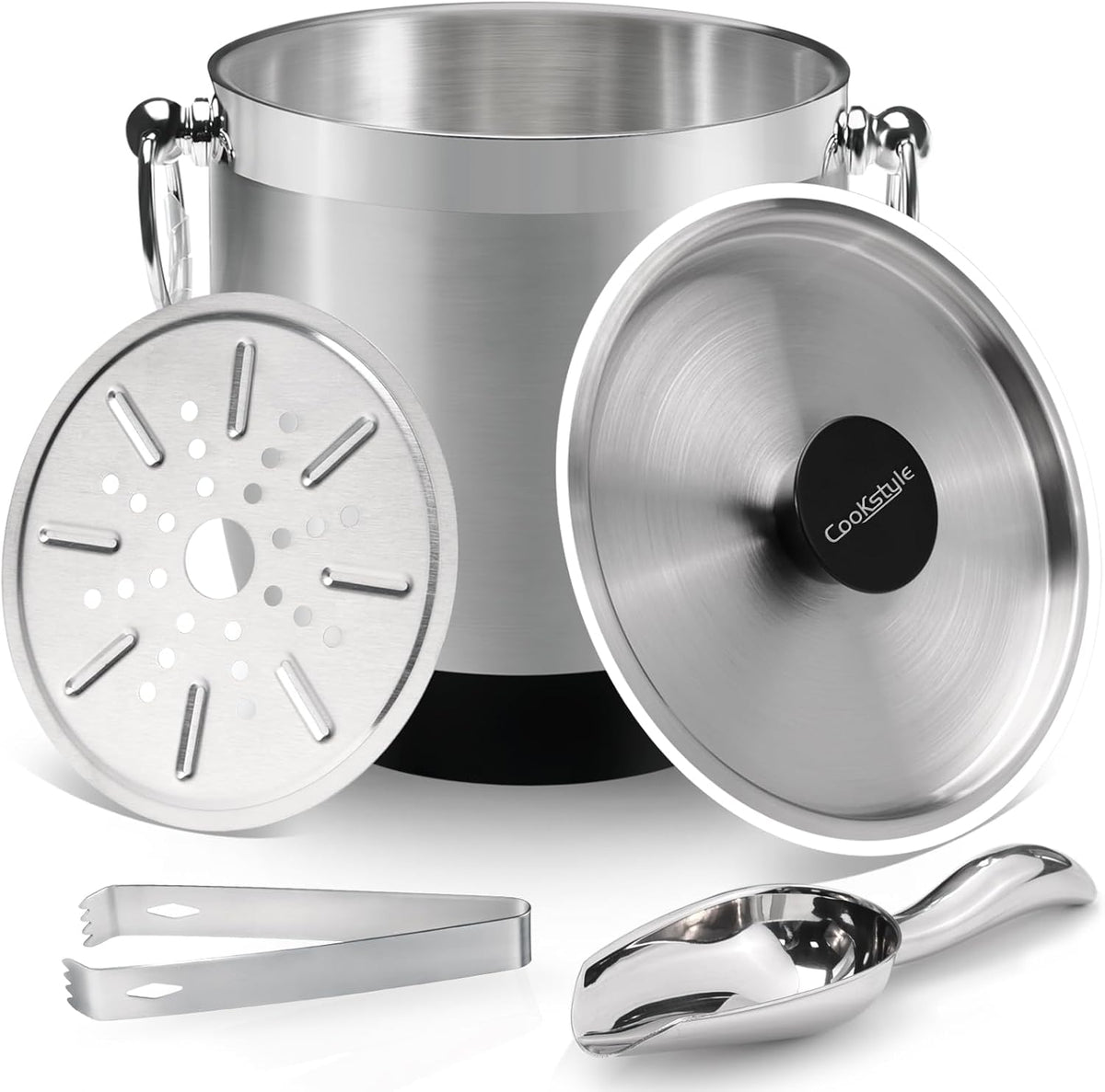 Double-Wall Stainless Steel Insulated Ice Bucket With Lid & Ice Tong [3 Liter] Included Strainer Keeps Ice Cold &