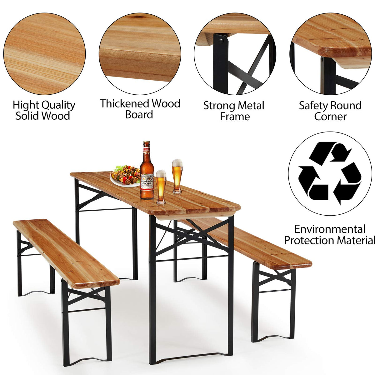 5.8FT 3-Piece Portable Picnic Table Bench Set, 6-8 Person Folding Wooden Dining Table Set, 70" Patio Beer Table for