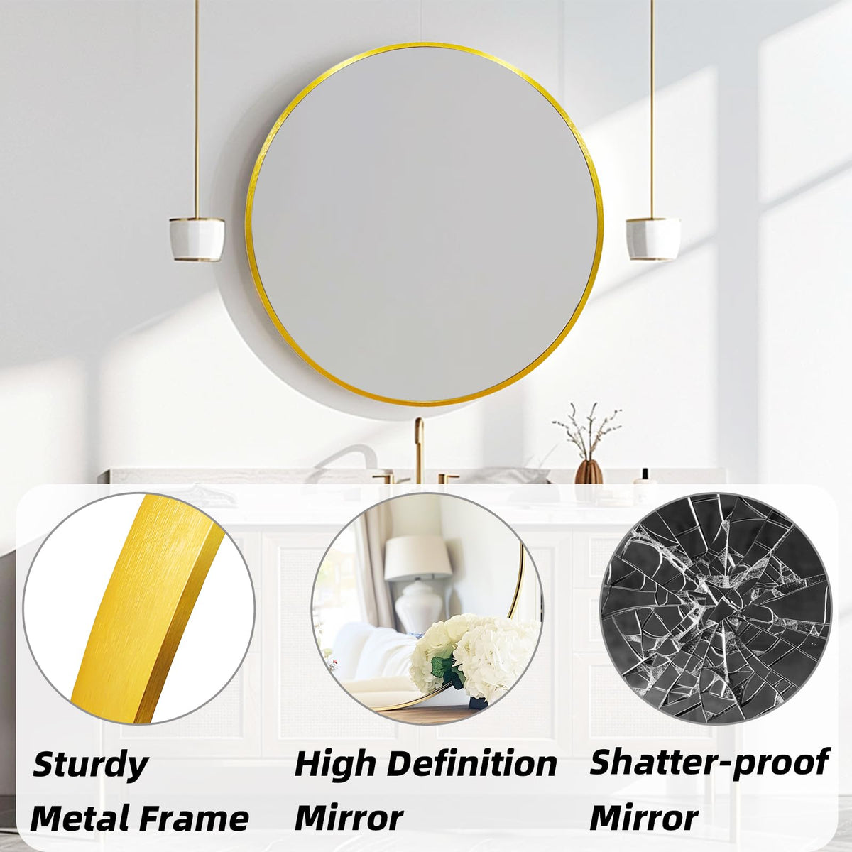 Gold Circle Mirror 24 inch, Round Mirror, Brushed Gold Metal Frame