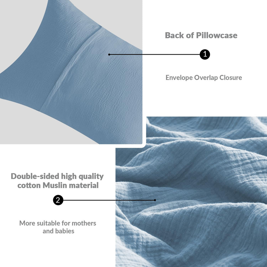Muslin Pillowcases 100% Cotton, 2 Pack Linen Like Pillow Shams with Envelope Closure, Ultral Soft and